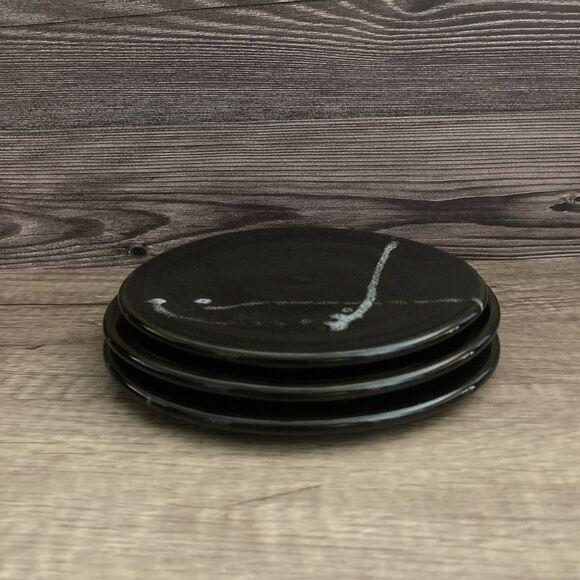 Art Pottery Small Flat Plates Set of 3 Black Glossy Fine Dining Sushi Plate - Picture 2 of 10